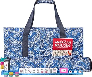 GUSTARIA American Mahjong Game Set, 166 Quality White Tiles, 4 All-in-One Color Rack/Pushers, Mahjong Tile Set with Blue Printed Carrying Bag