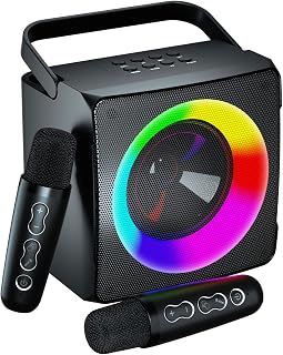 YLL Karaoke Machine for Kids Adults, Portable Bluetooth Speaker with 2 Wireless Microphones - Party Lights - Gifts for Girls Boys Family,Birthday,Home Party,Meeting-Black
