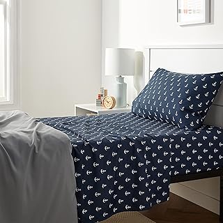 Amazon Basics Kid's Breathable Soft Microfiber 3-Piece Sheet Set, Easy-Wash, Machine Washable, Twin, White Anchors, Printed