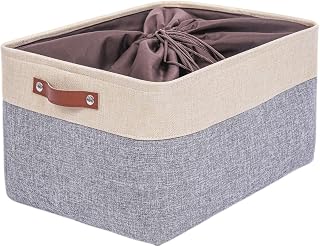 Mangata Fabric Storage Boxes, Thickened Canvas Storage Baskets with Handle for Shelves, Clothes Toys (XL, Grey/Beige, with Drawstring,1 Pcs)