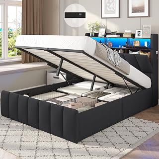 DICTAC 4ft6 Double Ottoman Bed with LED, USB Charging Station & Wooden Slats–135x190 cm Hydraulic Lift Up Storage Bed Frame with Storage Headboard – Upholstered Double Storage Bed for Small Rooms,Grey