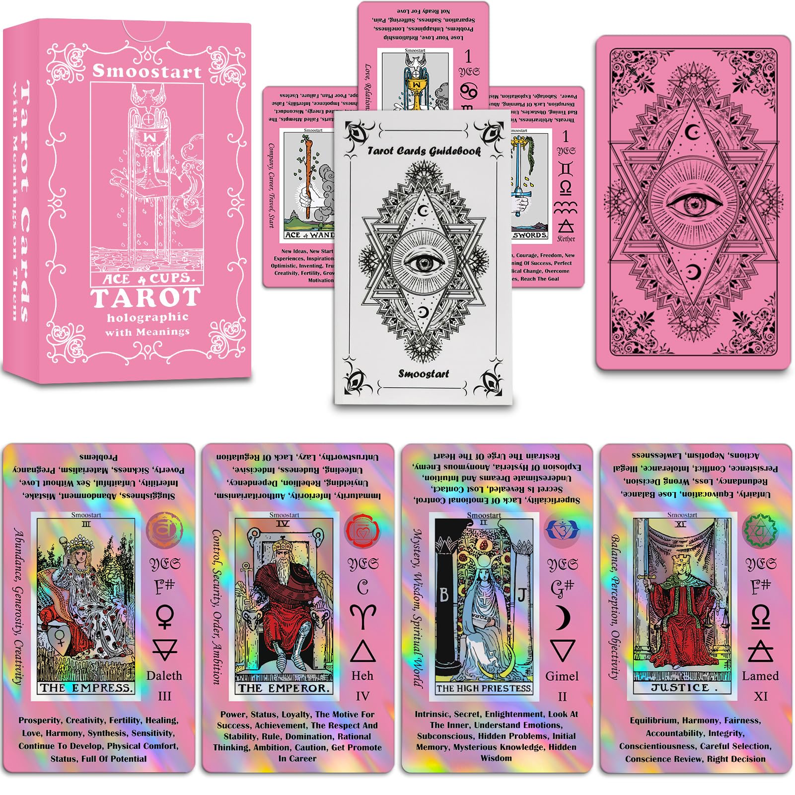Smoostart Holographic Pink Tarot Cards for Beginners with Meanings on Them | Sur