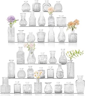 Set of 36 Glass Bud Vases Small Flower Vases for Centerpieces | Vintage Glass Bottles Clear Bud Vases in Bulk Multiple Shape for Rustic Wedding Centerpieces Table Decor and Home Decor