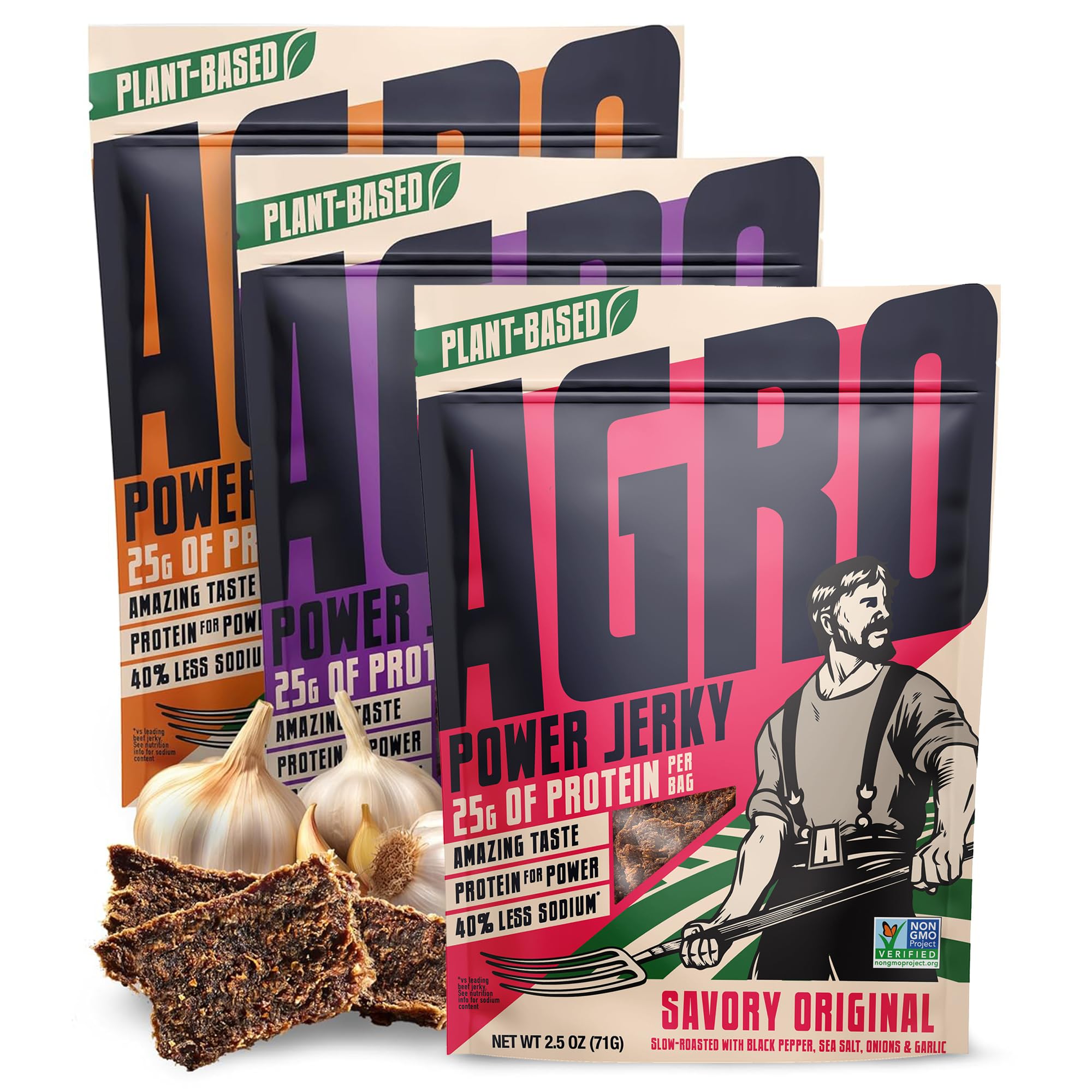 Variety Pack Vegan Jerky Flavor, High Protein Plant Based Snack, 3 Pack | AGRO P