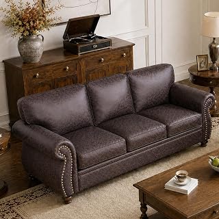 Couchus 88" W 3-Seater Sofa Couch, Faux Leather Fabric Sofas, Brown