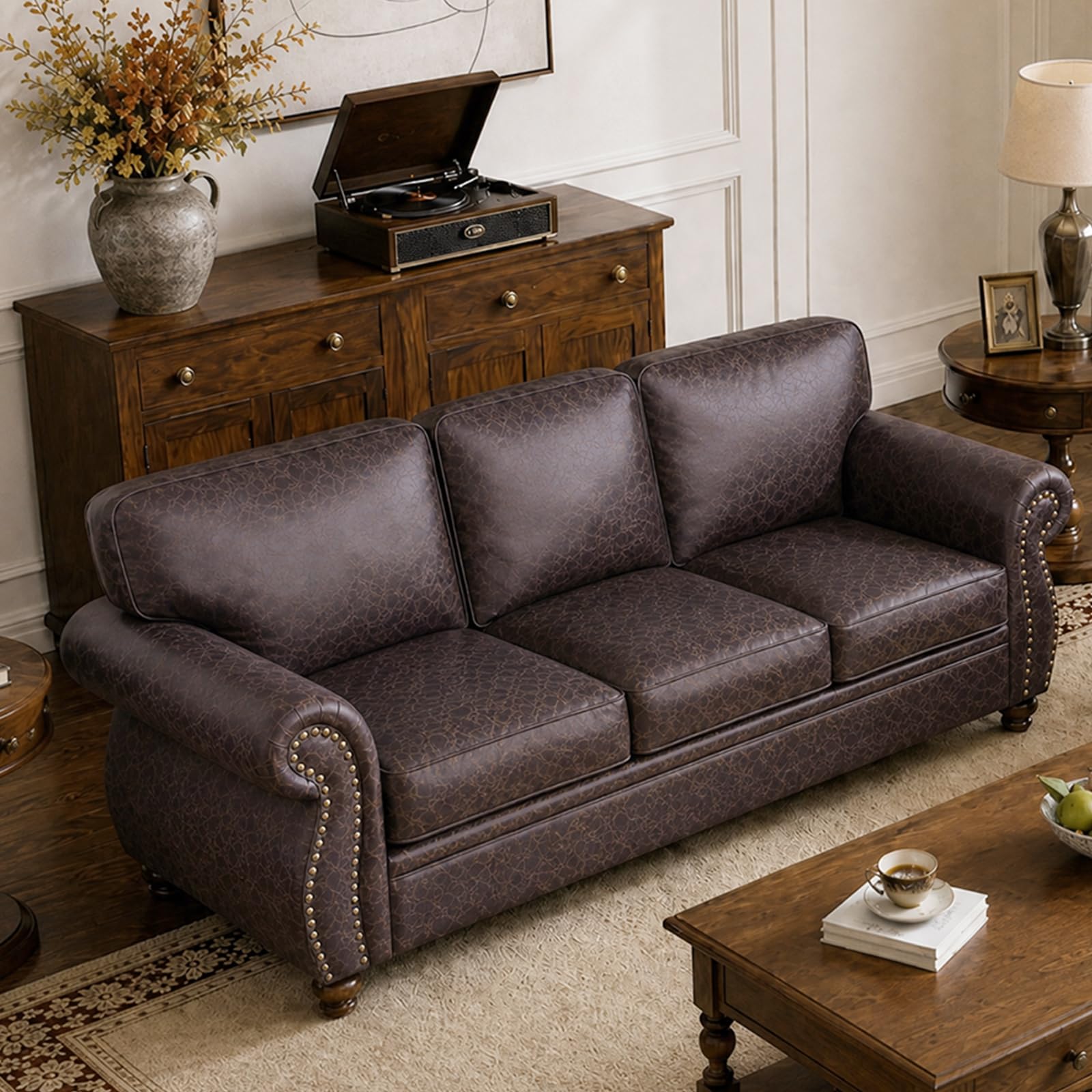 Couchus 88" W 3-Seater Sofa Couch, Faux Leather Fabric Sofas, Brown