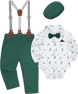 Volunboy Baby Boy Gentleman Set, Plaid Shirt with Bow Tie + Suspenders Pants 4 Pieces Suit Clothes