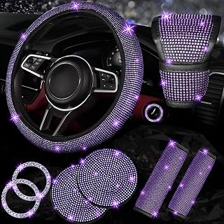 NBTEPEM 8 pcs Purple Bling Car Accessories Set for Women, Purple Steering Wheel Cover Universal Fit, Sparkly Seat Belt Covers, Daimond Gear Shift Cover, Bling Cup Holder Coasters