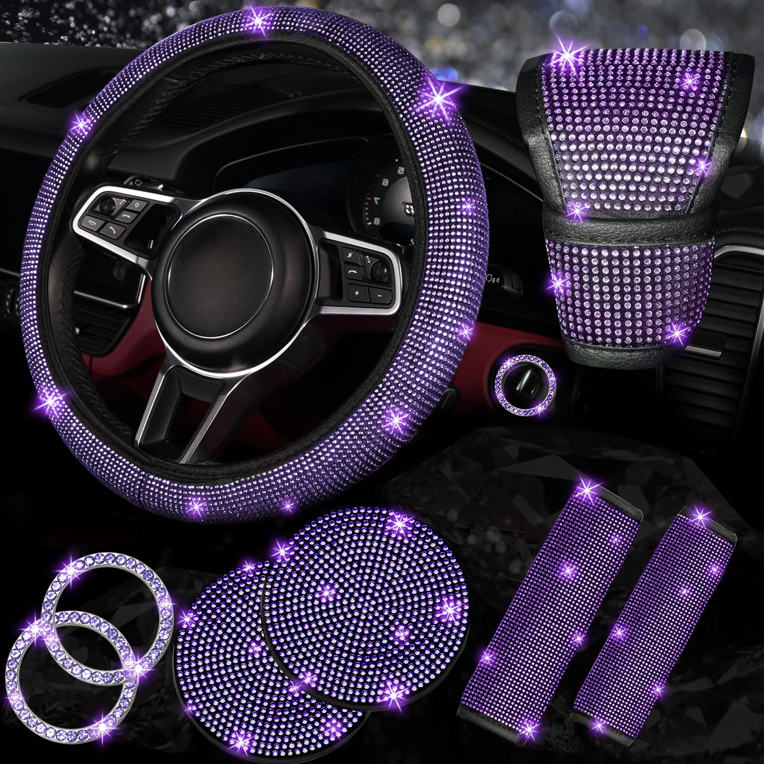 NBTEPEM 8 pcs Purple Bling Car Accessories Set for Women, Purple Steering Wheel 