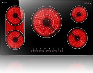Karinear 36 Inch Electric Cooktop, 5 Burners Electric Stove Top, Drop-in | Flexible Bridge &Triple Ring Expandable Burners, Pause, Timer, Child Lock, 9600W, Built-in Ceramic Cooktop 220-240V HardWired