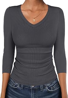 ANRABESS 3/4 Sleeve Shirts for Women V Neck Ribbed Knit Slim Fitted Tops Basic Tshirt 2026 Summer Casual Tees Trendy Outfits