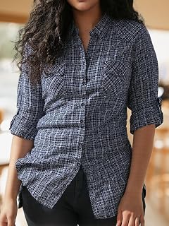 Womens Casual Long Sleeve Plaid Cotton Button Down Blouse