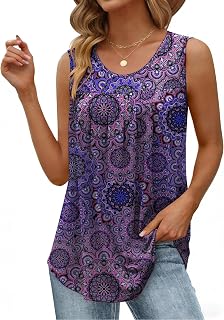 Zeagoo Women Summer Tank Tops Loose Fit Flowy Boho Pleated Sleeveless Shirts Crew Neck Dressy Casual Tunic Trendy Blouses