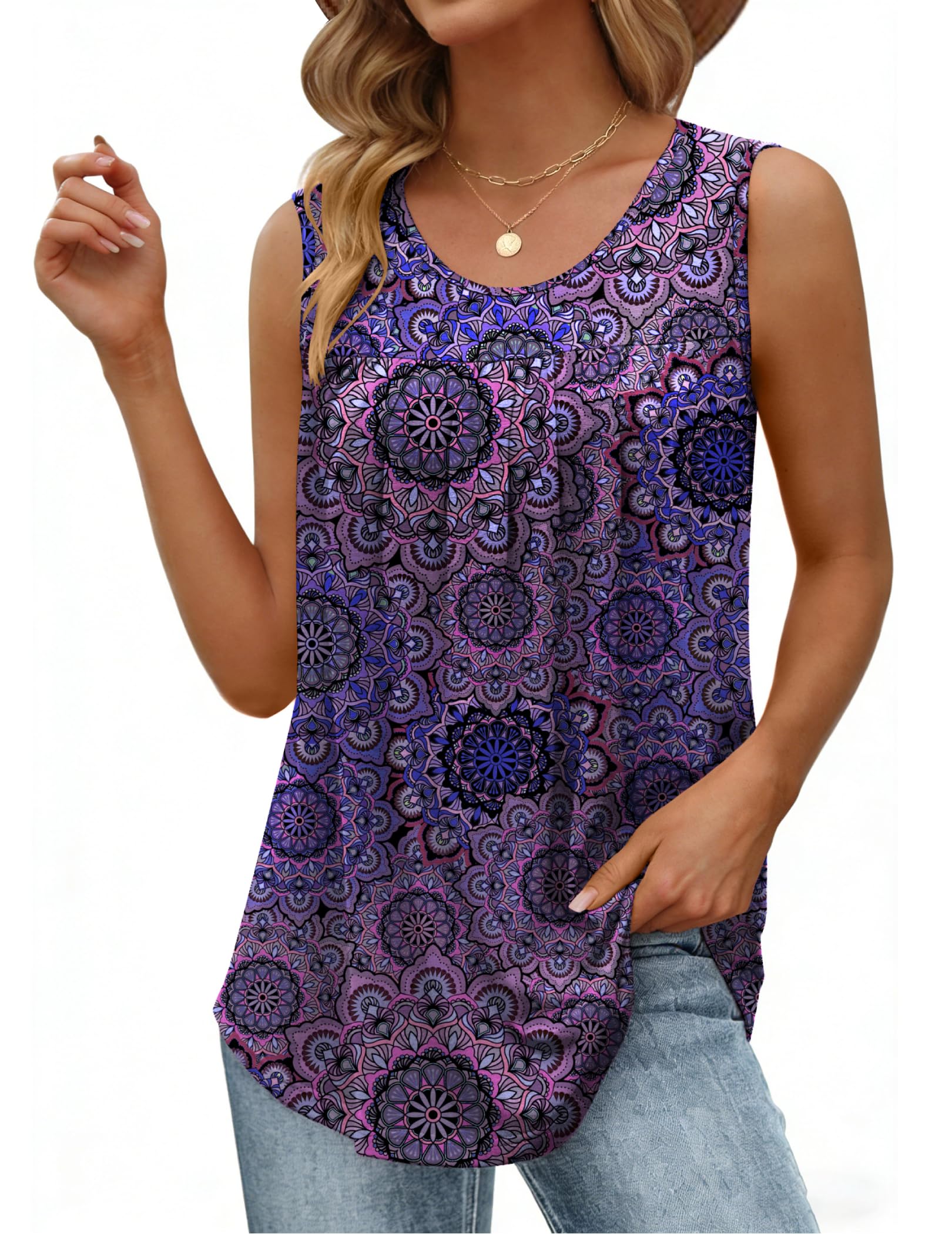Zeagoo Women Summer Tank Tops Loose Fit Flowy Boho Pleated Sleeveless Shirts Cre