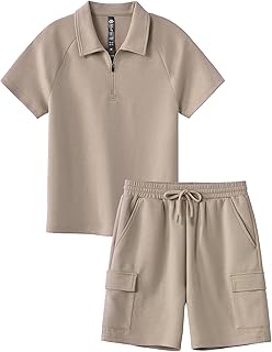 MoFiz Conjunto de camiseta y pantalones cortos con cremallera de un cuarto para niños, conjunto de verano, casual, atlético, vacaciones, playa