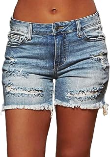 Flamingals Ripped Stretchy Jean Shorts for Women Raw Hem Low Waist Casual Trendy Denim Shorts