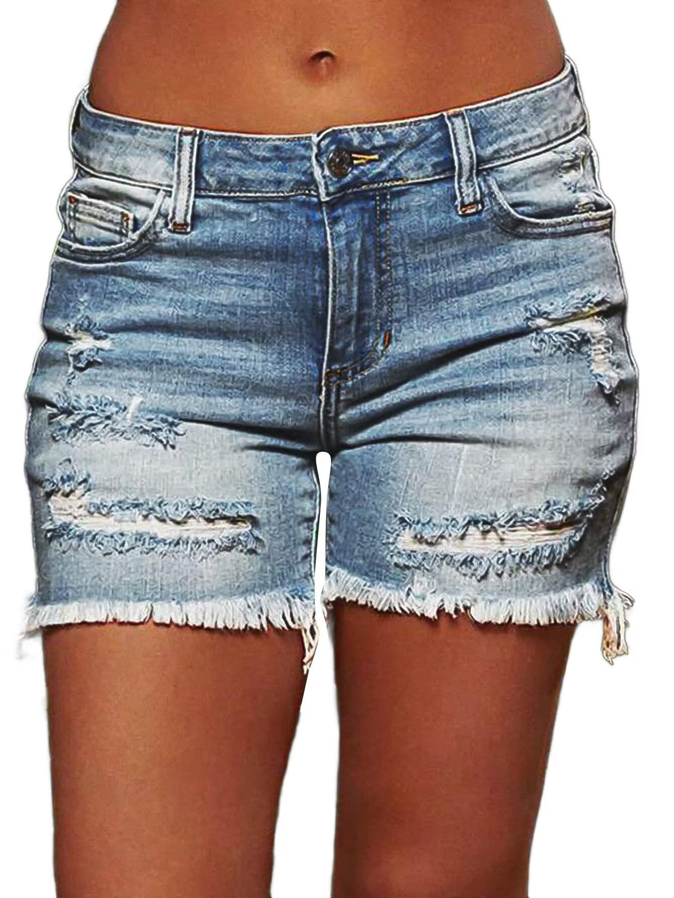 Flamingals Ripped Stretchy Jean Shorts for Women Raw Hem Low Waist Casual Trendy