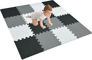 16 Pieces Tiles Foam Play Mat with Border, Interlocking Playmat Tiles, Foam Floor Mat, Puzzle Play Mats, Exercise Gym Mats – Color of Black & White & Gray