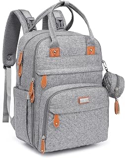 BabbleRoo Baby Changing Bag Backpack, Nappy Changing Back Pack Diaper Bags with Changing Mat & Pacifier Holder for Mom & Dad (Light Grey)