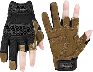 HANDLANDY Fingerless Work Gloves, Mens Working Gloves, Coffee, M