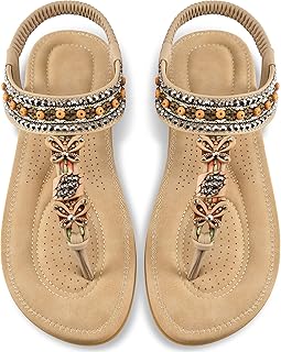 Ablanczoom Womens Flats Sandals Summer Gladiator Bohemian Beaded Dress Shoes Comfortable Open Toe Elastic Ankle Strap Slip On Sandal