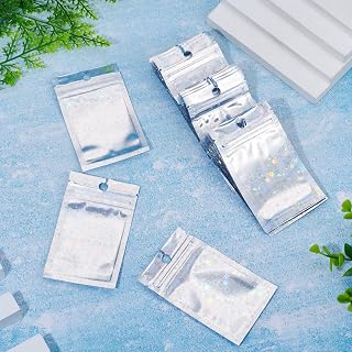 60 Pieces Holographic Plastic Zip Lock Bags 10 x 6 cm Silver Color Laser Glitter Self Seal Bag with Resealable Star Hanging Gift Bag for Jewelry