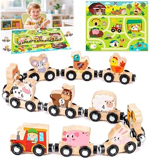 Toddler Toys for 1 2 3 Year Old Boys: Montessori Toys Magnetic Train Set | Montessori Educational Toys for 1-3 Year Old, Gifts for 1 2 3 Year Old Boys Girls, Farm Animal Wooden Train Set with Play Mat