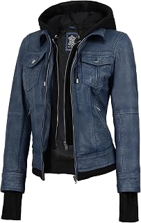 Decrum Real Lambskin Bomber Jacket Women with Detachable Hood