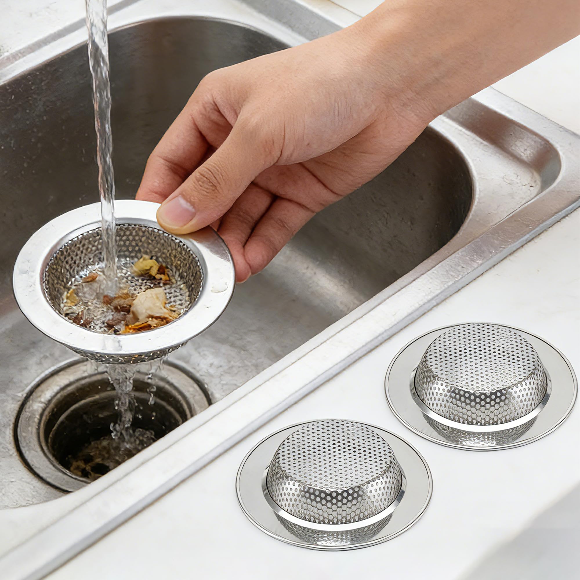 2 Pack 4.5 Inch Double Layer Stainless Steel Sink Drain Strainer for Daily Food 