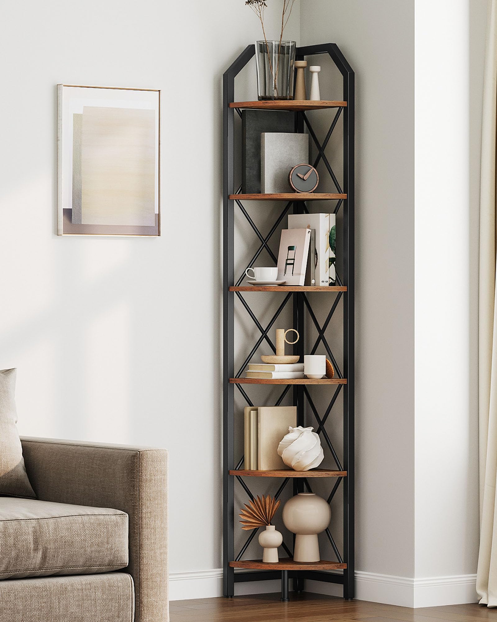 6-Tier Corner Shelf, Industrial Corner Bookshelf, 71.2" Corner Storage Stand, Pl