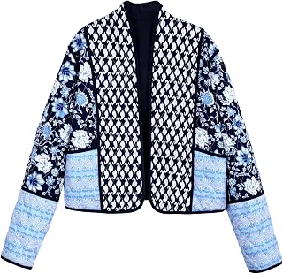 Yimoon Women's Quilted Jacket Lightweight Floral Print Cropped Puffer Coat Short Padded Open Front Winter Outwear