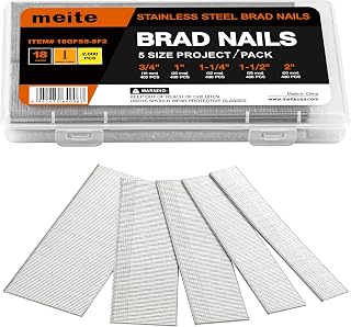 meite 18 Gauge Stainless Steel Brad Nails, Assorted 5 Sizes (3/4",1", 1-1/4", 1-1/2", 2") Universal Finish Nails for Pneumatic, Electric 18GA Brad Nail Gun Nailer, Multi-Pack 2,000-Count