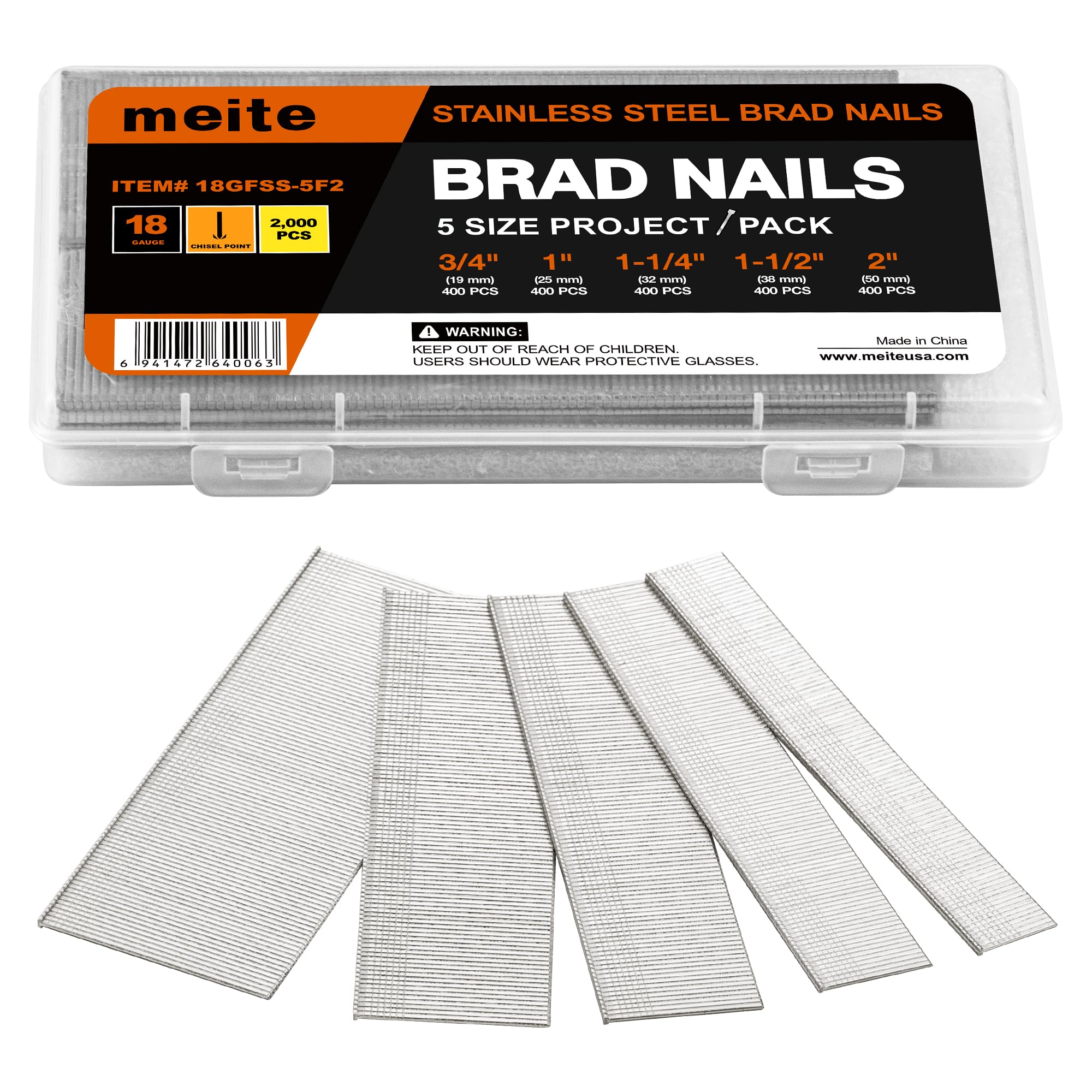 meite 18 Gauge Stainless Steel Brad Nails, Assorted 5 Sizes (3/4",1", 1-1/4", 1-