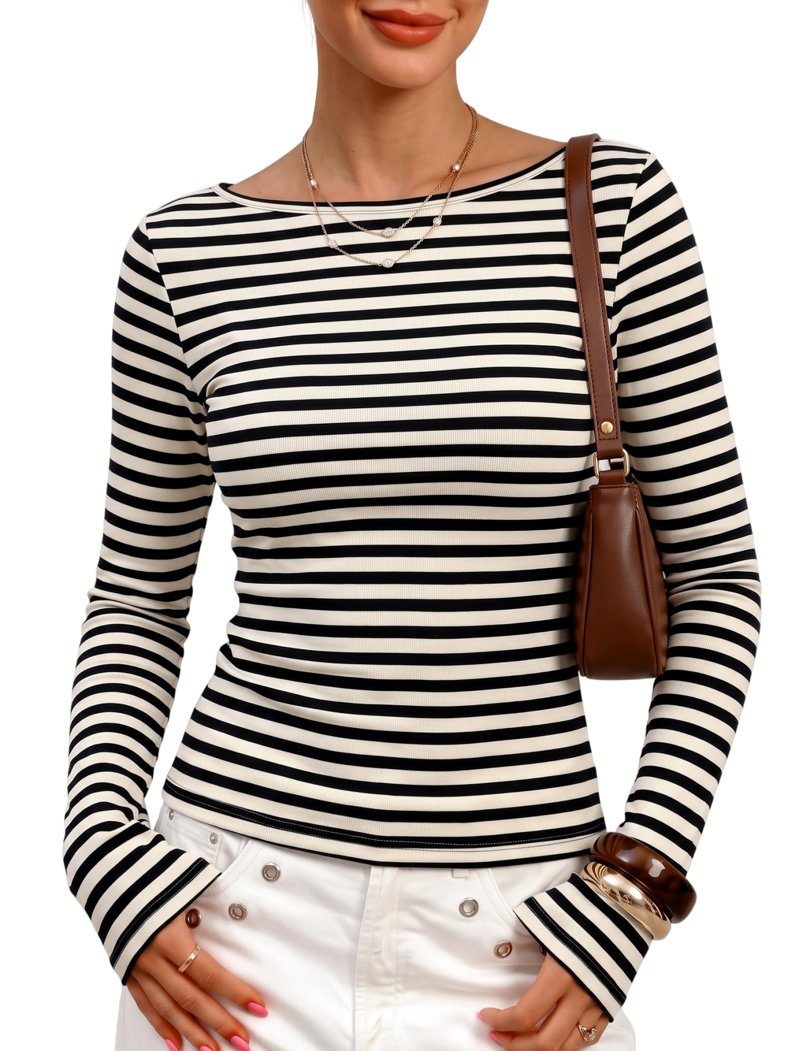 Prettywear Damen-Top mit U-Boot-Ausschnitt, langärmelig, lässig