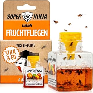 Super Ninja Fruit Fly Trap – Standard Pack – 2 Traps – Highly Effective Ecological Fruit Fly Trap for Kitchen and Indoor Use – Fruit Fly Trap – Up to 3 Weeks | Wirksame Fliegenfalle für Fruchtfliegen, für Haushalt & Küche, sicher für Kinder & Haustiere, 3 Wochen Wirkung pro Flasche