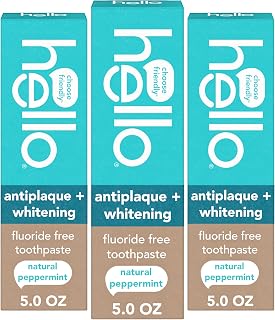 Hello Antiplaque and Whitening Fluoride Free Toothpaste, 3 Pack, 5 oz | Natural Peppermint Flavor, Whitens Teeth, Removes Plaque, No SLS, Peroxide, Artificial Flavors, Dyes, Sweeteners, or Flavors