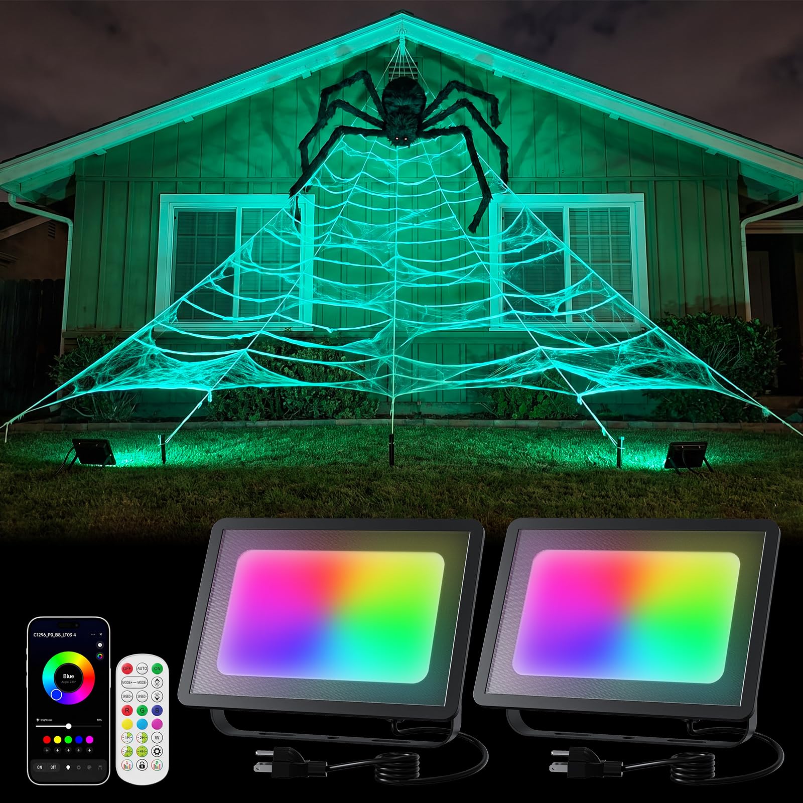 FALOVE 2 Pack 50W Smart RGB Flood Lights 500W Equi for Halloween Decoration