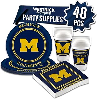 Michigan Wolverines Party Supplies 48 Piece Officially Licensed University Set: 16 oz. Plastic Beverage Cups, 9" Paper Plates, Luncheon Napkins, Complete Party Supplies for 16 Guests by Westrick