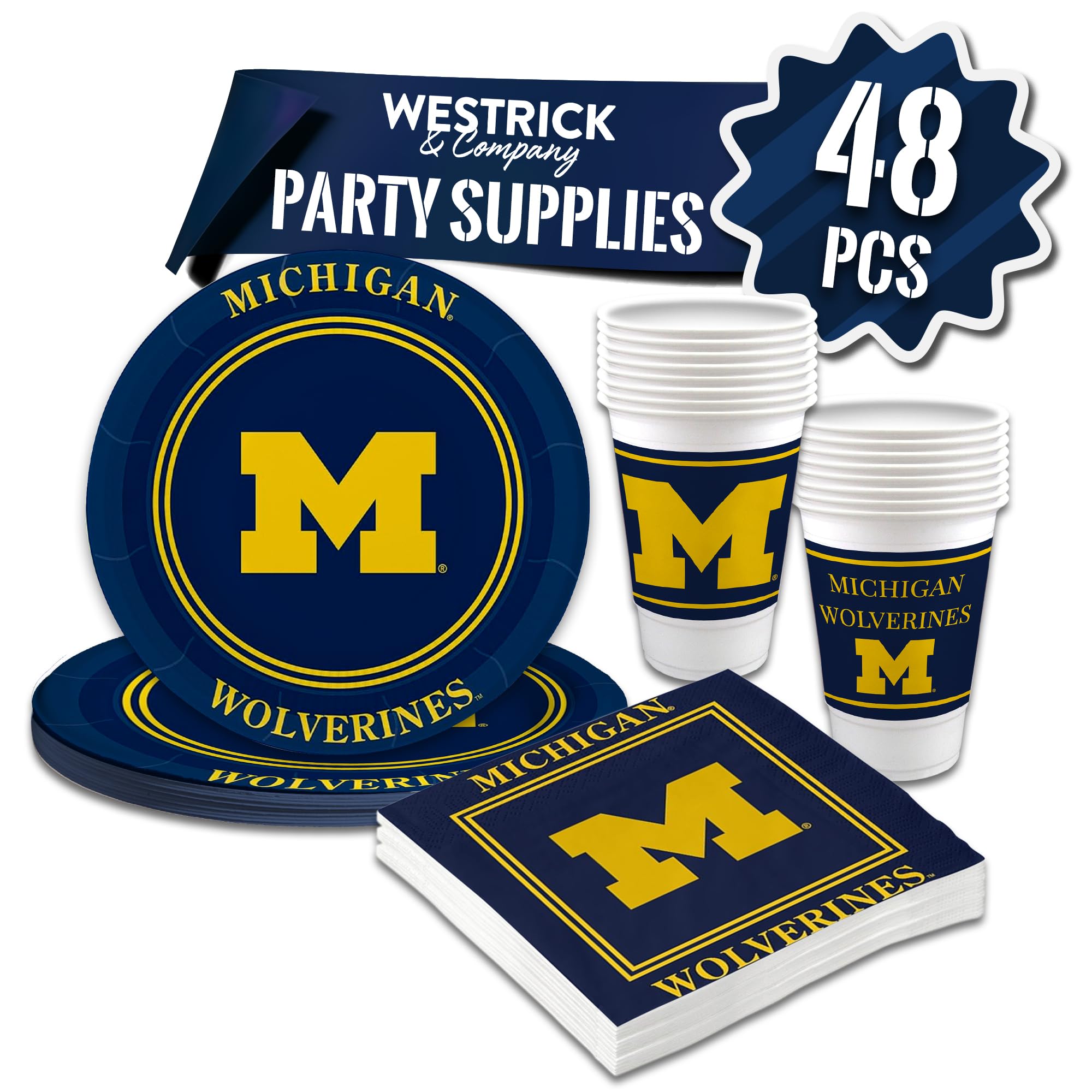 Michigan Wolverines Party Supplies 48 Piece Officially Licensed University Set: 