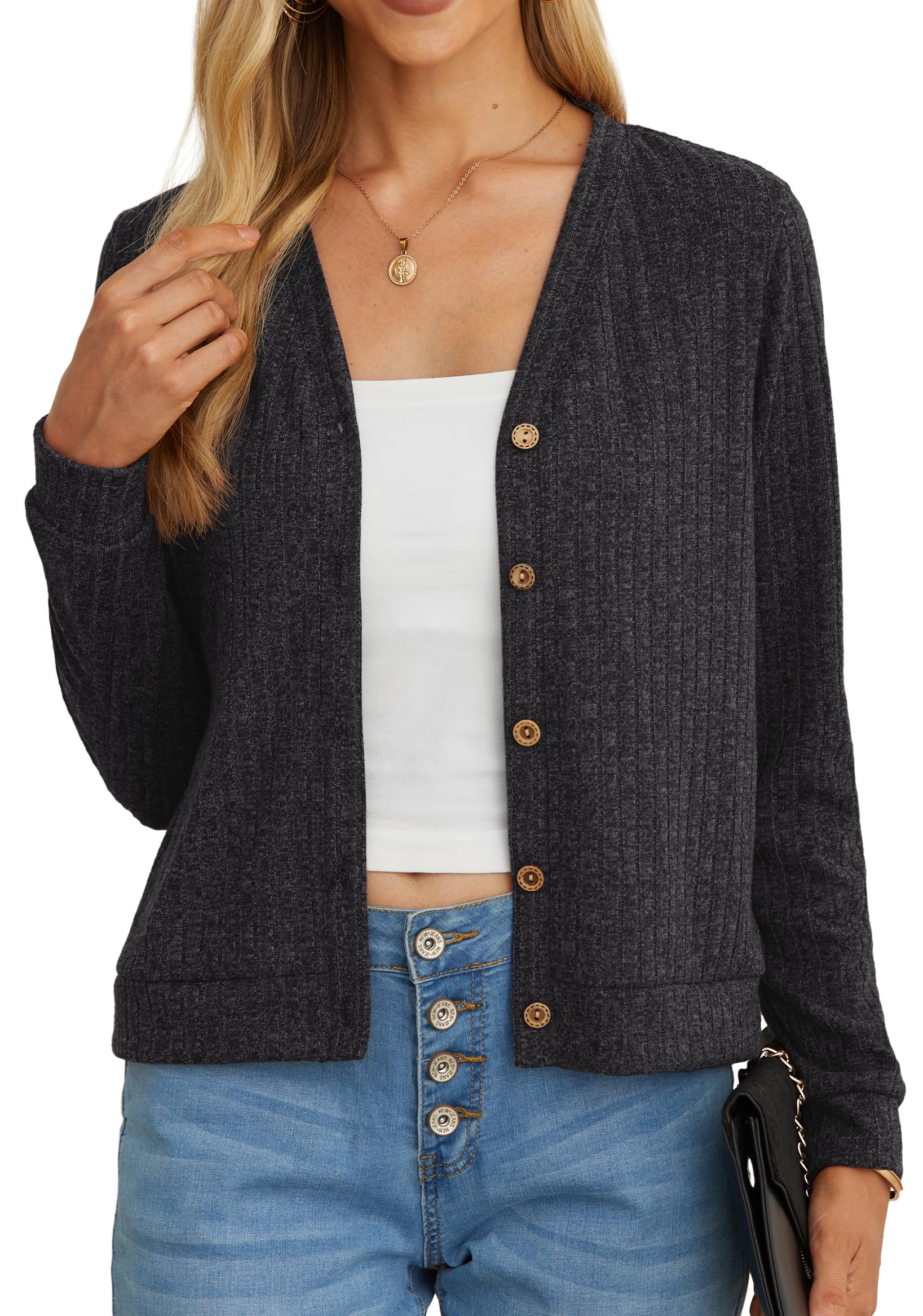 GRECERELLE Women Short Cardigan Summer Long Sleeve V Neck Button Down Knitted Li