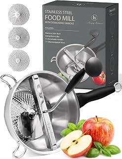 Compact Stainless Steel Food Mill with 3 Discs – Ergonomic Rotary Hand Crank with Removable Handles for Tomato Sauce, Applesauce, Baby Food, Mashed Potatoes & Puree