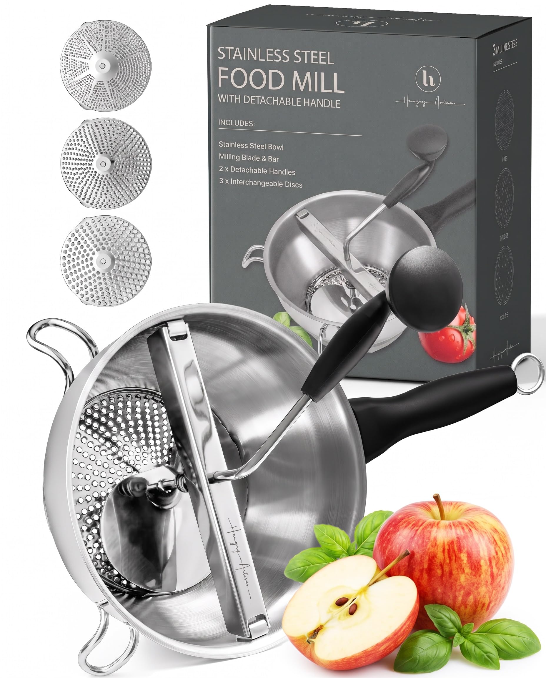 Compact Stainless Steel Food Mill with 3 Discs – Ergonomic Rotary Hand Crank wit