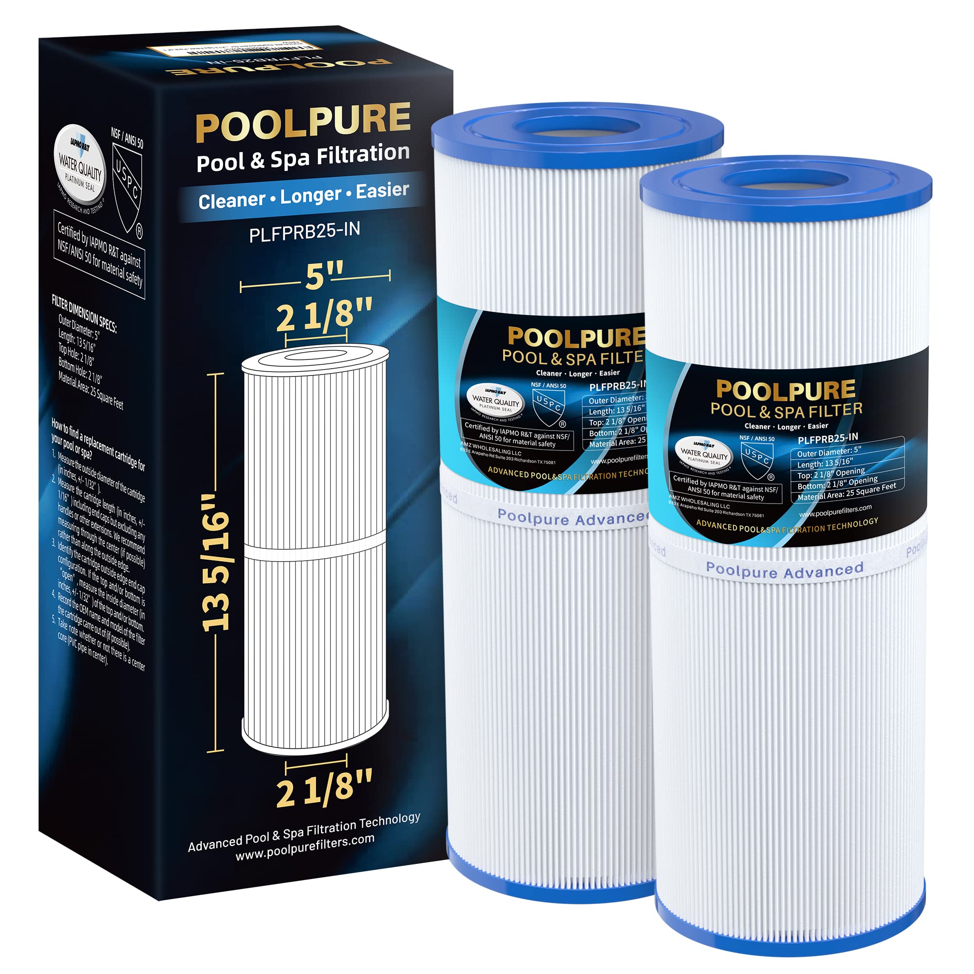 POOLPURE PRB25-IN Hot Tub Filter Replace Unicel C-4326, 3005845, 2Pack | Compati