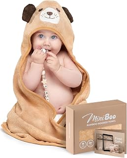 Miniboo Premium Bamboo Baby Hooded Towel with Unique Dog Design – Extra Soft and Absorbent Baby Towel for Newborn, Infant, and Toddler – Suitable as Baby Gifts