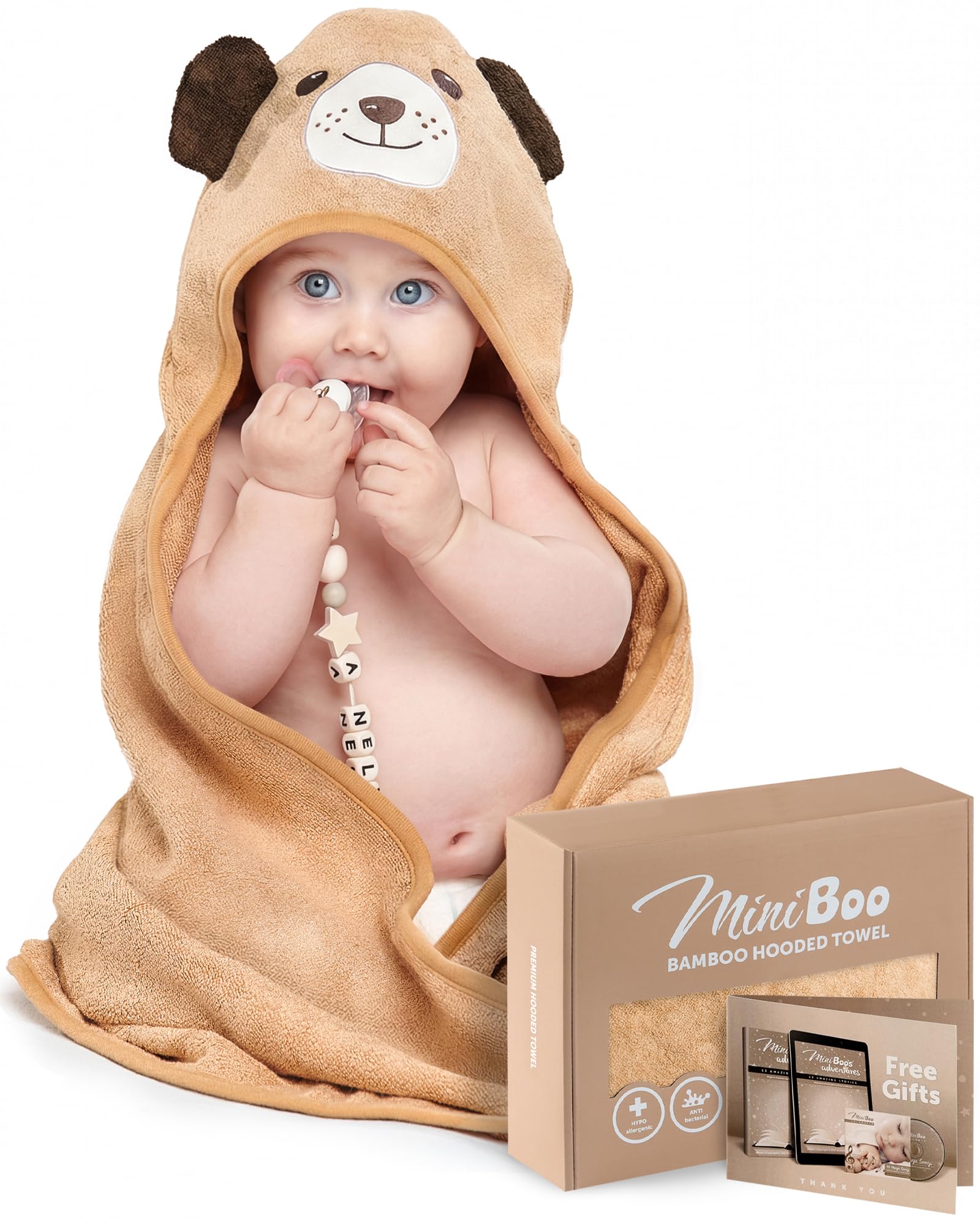 Miniboo Premium Bamboo Baby Hooded Towel with Unique Dog Design – Extra Soft and