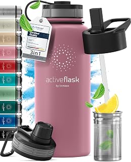 BeMaxx Active Flash Thermal Water Bottle with Straw 1 Litre 750 ml 500 ml (3 Infuser Caps for Tea and Fruit), BPA Free | Insulated Stainless Steel Bottle - Sports Gym Office Fitness
