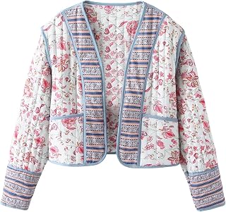 Yimoon Women's Quilted Jacket Lightweight Floral Print Short Padded Open Front Winter Outwear