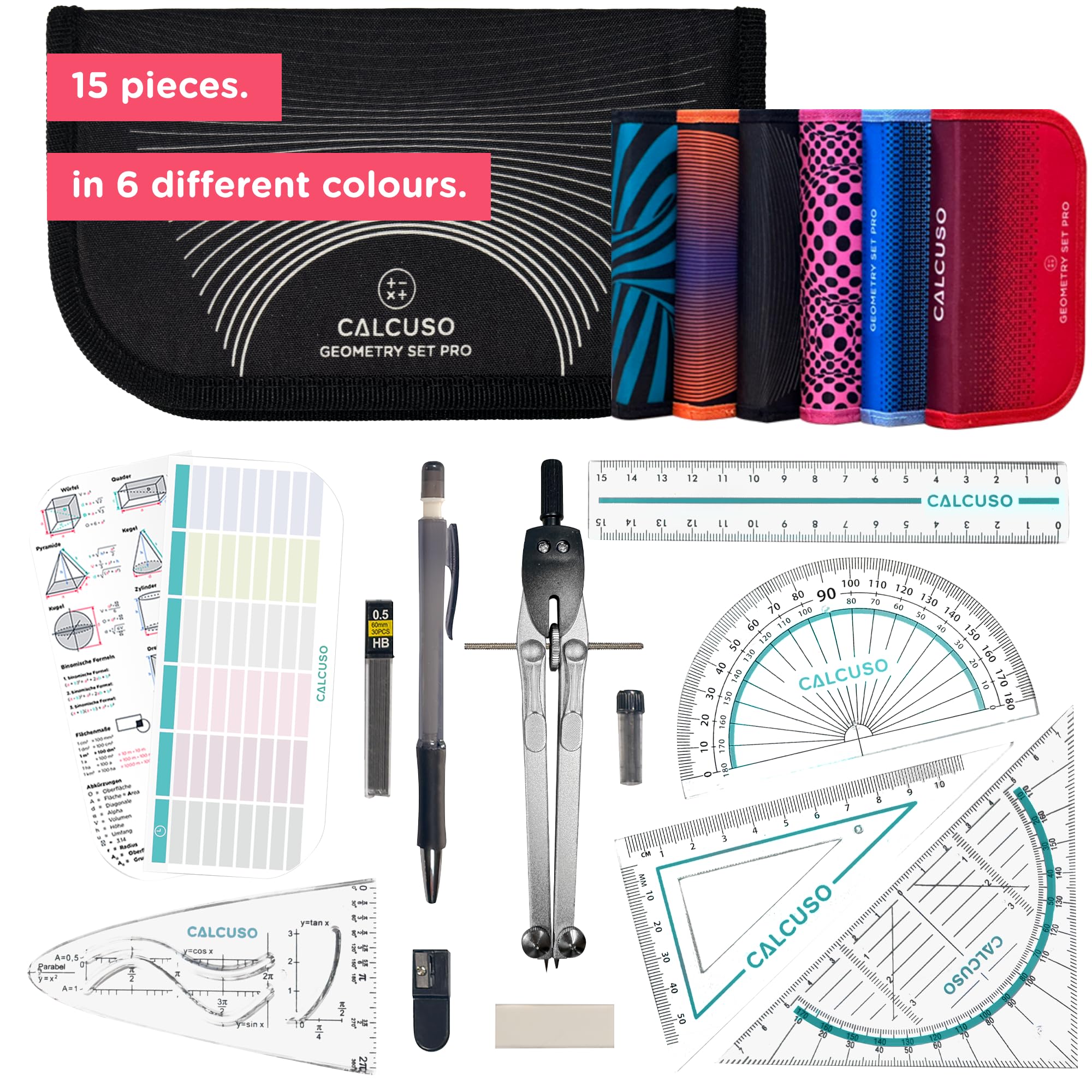 15-Piece Professional Maths Set & Geometry Sets for Secondary School – Compass M