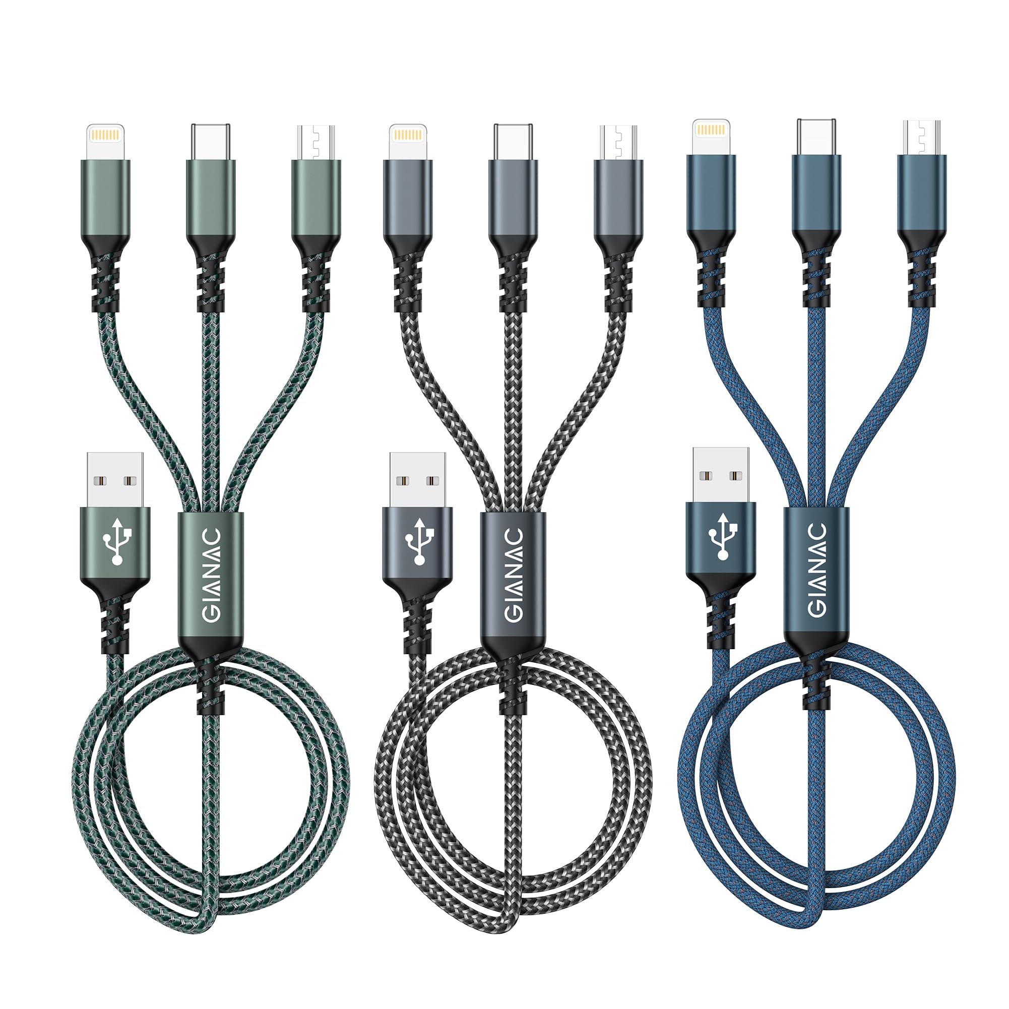 GIANAC Multi Charger Cable [3Pack 1.2M] 3 in 1 Charging Cable Nylon Braided | Ch