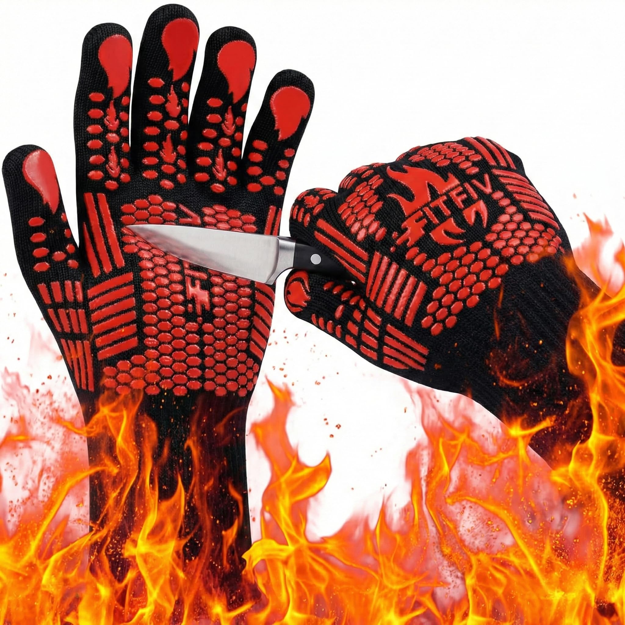 FITFIV BBQ Gloves, 1472°F Heat Resistant with Silicone Grip Oven Mitts | Non-Sli